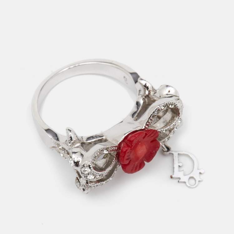 Pre Owned Dior Silver Tone Floral Resin Crystal Bow Detail Jewelery Set