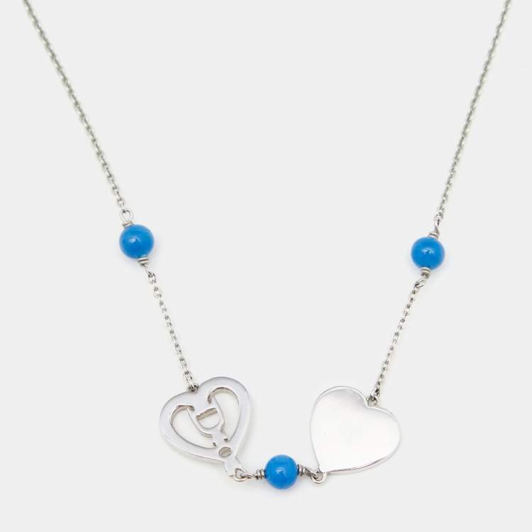 Pre Owned Dior Silver Tone Crystal Heart & Blue Bead Necklace