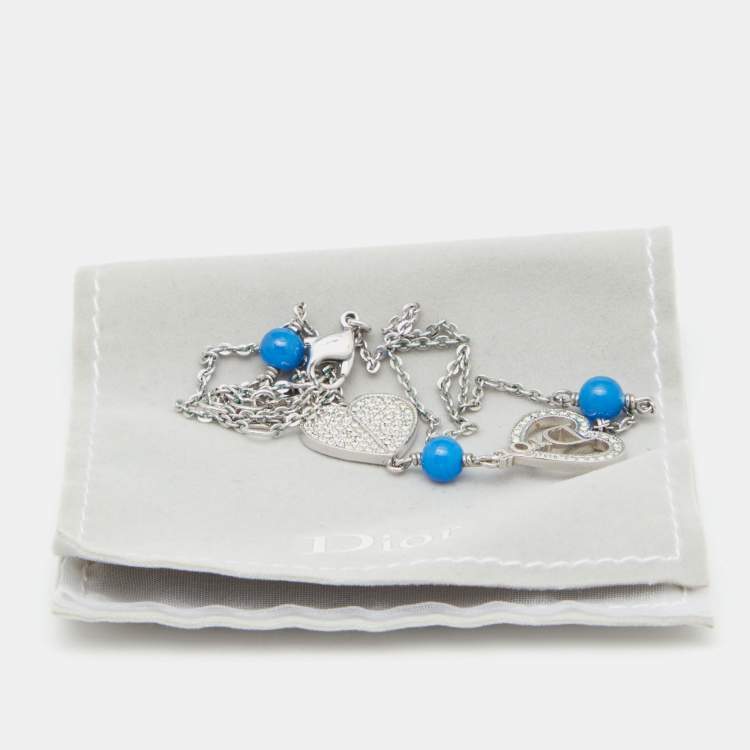 Pre Owned Dior Silver Tone Crystal Heart & Blue Bead Necklace