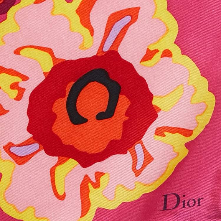 Pre Owned Dior Pink Floral Print Silk Scarf 