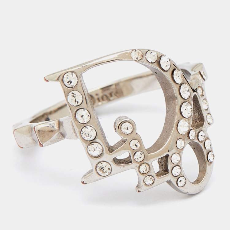 Pre Owned Dior Oblique Crystal Silver Tone Ring Size 55