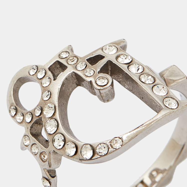 Pre Owned Dior Oblique Crystal Silver Tone Ring Size 55