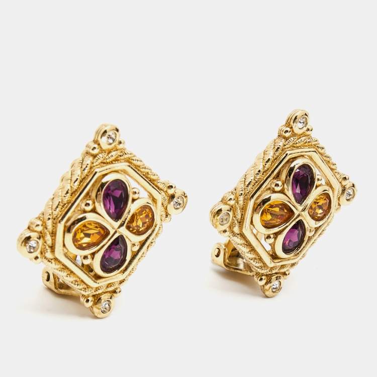 Pre Owned Dior Crystals Gold Tone Necklace Earrings Set