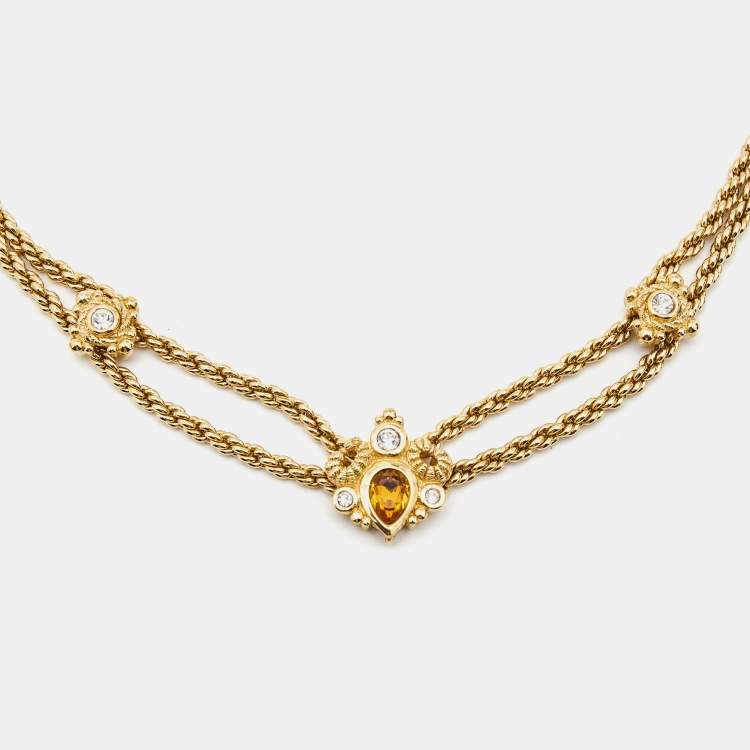 Pre Owned Dior Crystals Gold Tone Necklace Earrings Set