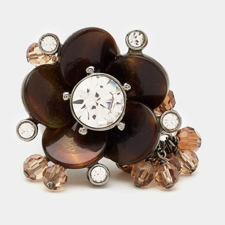 Pre Owned Dior Resin Crystal Beads Silver Tone Ring Size 55