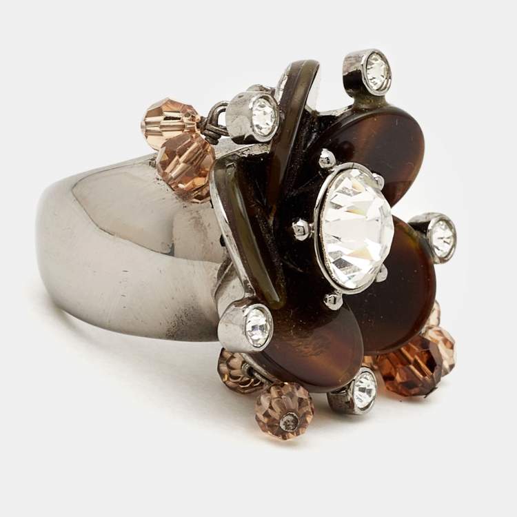 Pre Owned Dior Resin Crystal Beads Silver Tone Ring Size 55