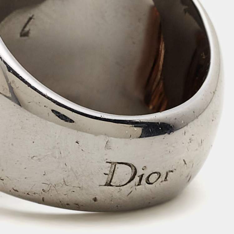 Pre Owned Dior Resin Crystal Beads Silver Tone Ring Size 55