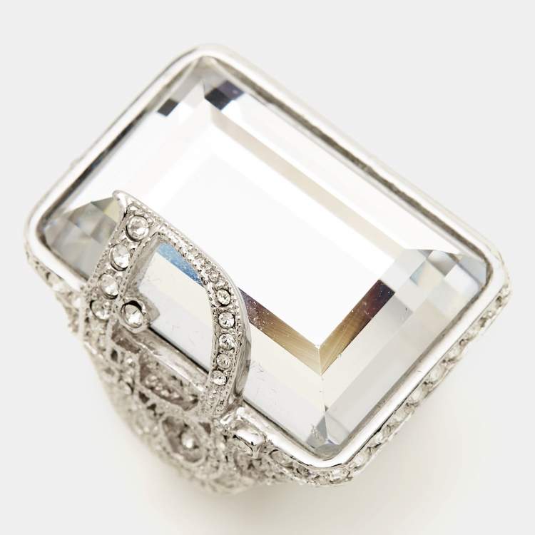 Pre Owned Dior Vintage Statement Crystal Logo Silver Tone Ring Size 54