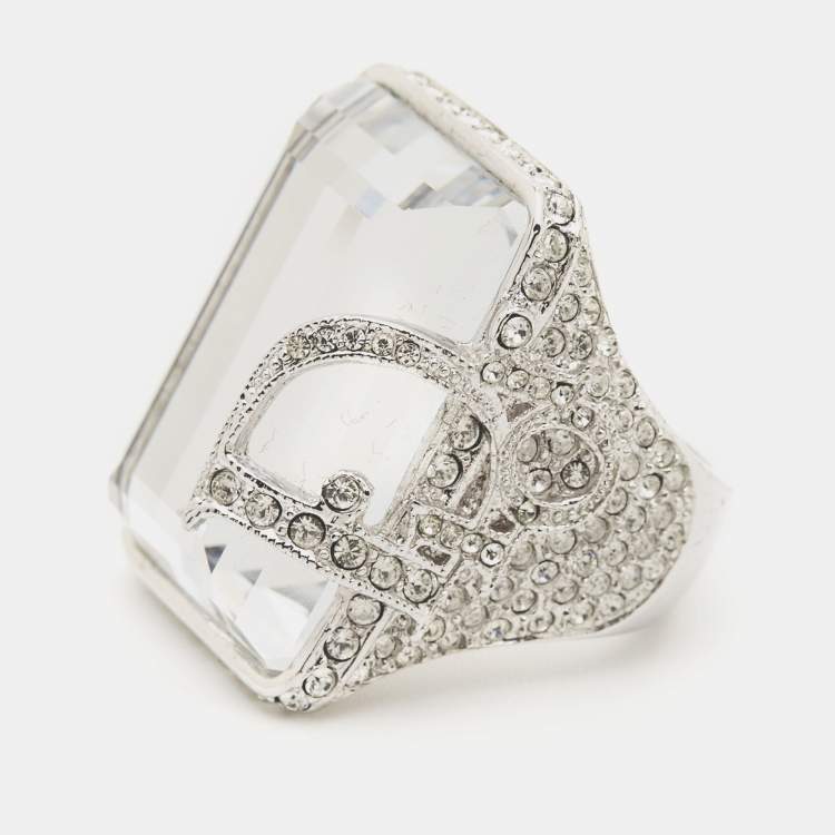 Pre Owned Dior Vintage Statement Crystal Logo Silver Tone Ring Size 54