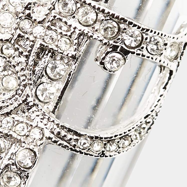 Pre Owned Dior Vintage Statement Crystal Logo Silver Tone Ring Size 54