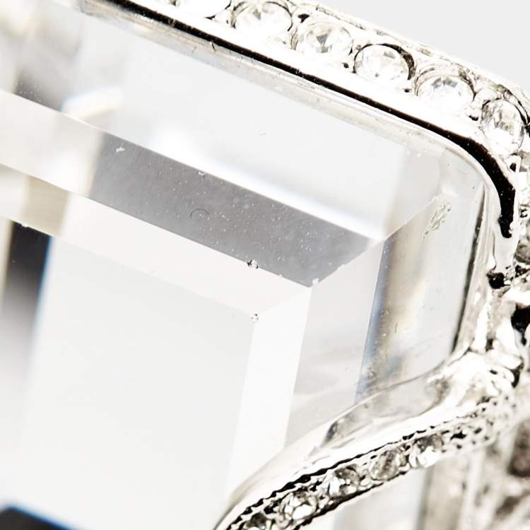 Pre Owned Dior Vintage Statement Crystal Logo Silver Tone Ring Size 54