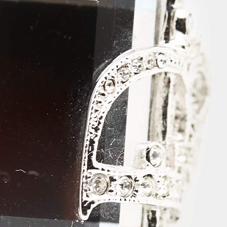 Pre Owned Dior Vintage Statement Crystal Logo Silver Tone Ring Size 54