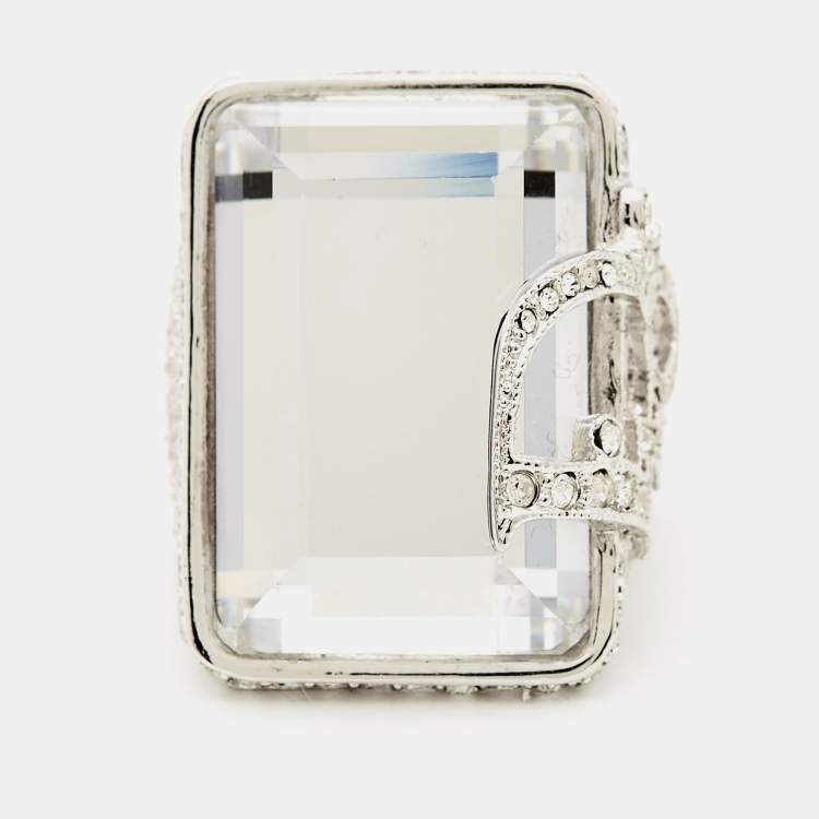 Pre Owned Dior Vintage Statement Crystal Logo Silver Tone Ring Size 54