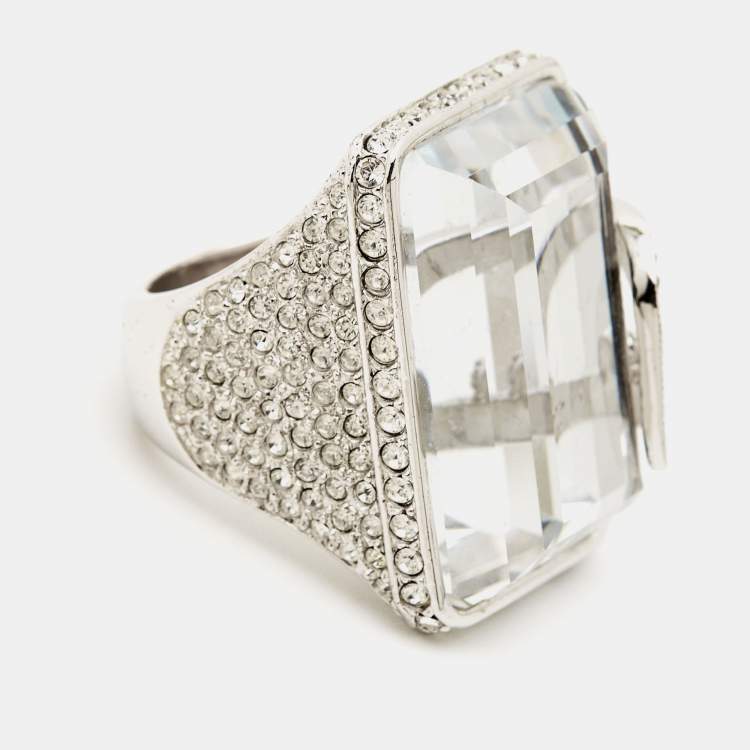 Pre Owned Dior Vintage Statement Crystal Logo Silver Tone Ring Size 54