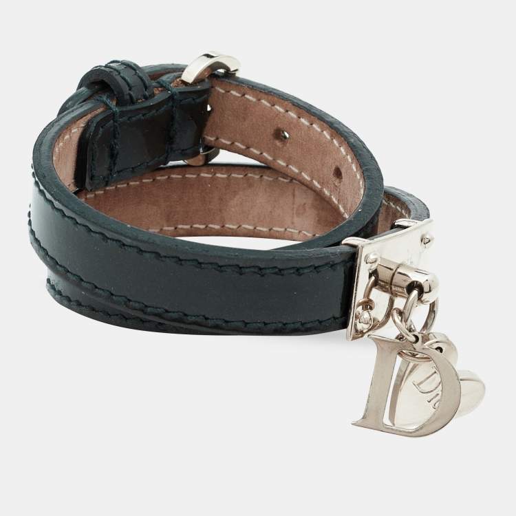 Pre Owned Dior Dark Green Leather Heart Charm Double Wrap Bracelet