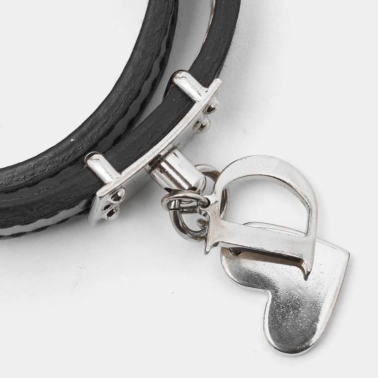 Pre Owned Dior Dark Green Leather Heart Charm Double Wrap Bracelet