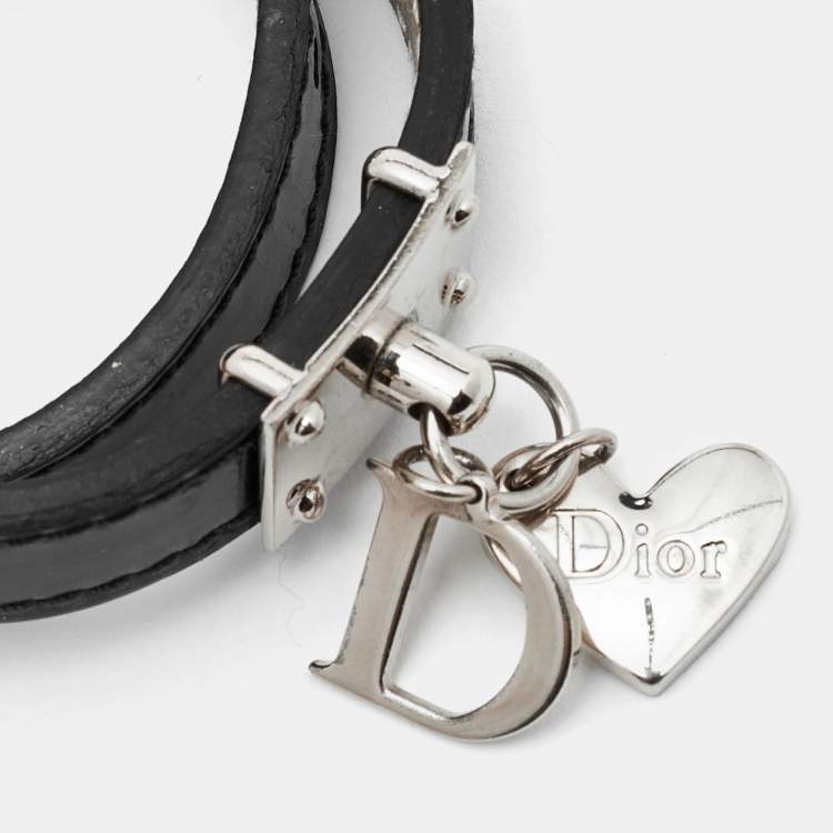 Pre Owned Dior Dark Green Leather Heart Charm Double Wrap Bracelet