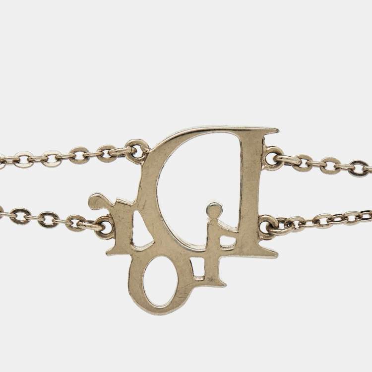 Pre Owned Dior Pink Crystal Oblique Charm Double Chain Bracelet