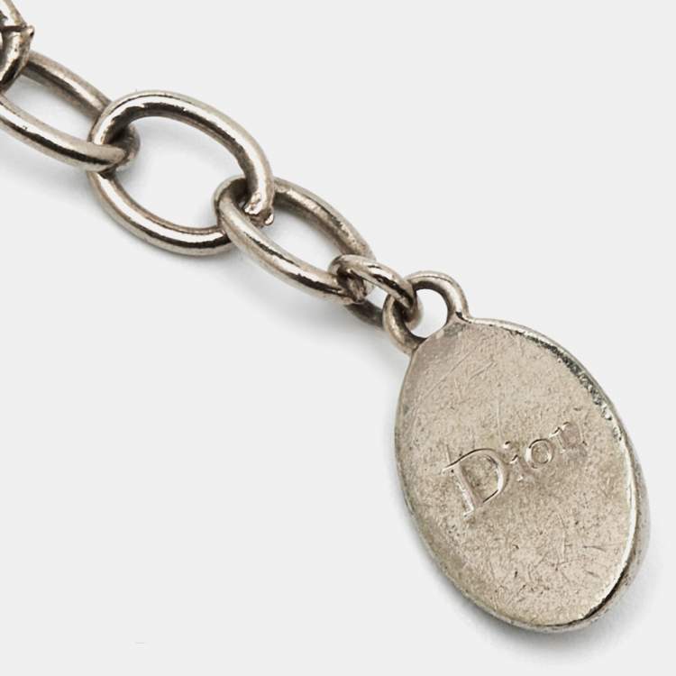 Pre Owned Dior Pink Crystal Oblique Charm Double Chain Bracelet