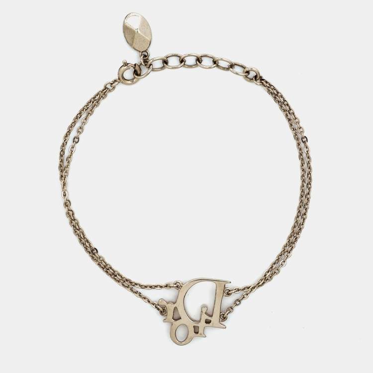 Pre Owned Dior Pink Crystal Oblique Charm Double Chain Bracelet