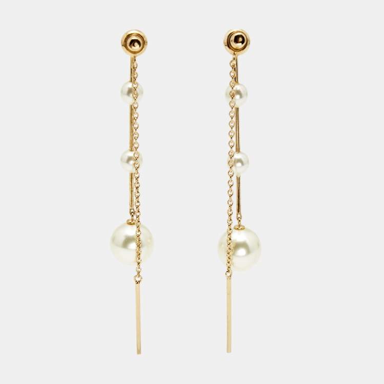 Pre Owned Dior Faux Pearl Gold Tone Chain Dangle Earrings