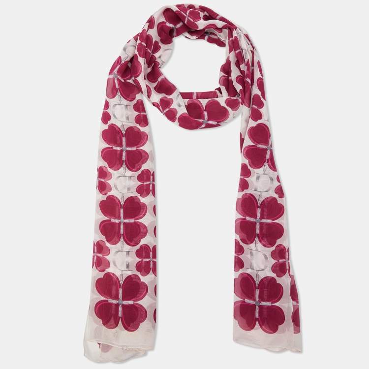Pre Owned Christian Dior Pink Clover Love Printed Silk Scarf
