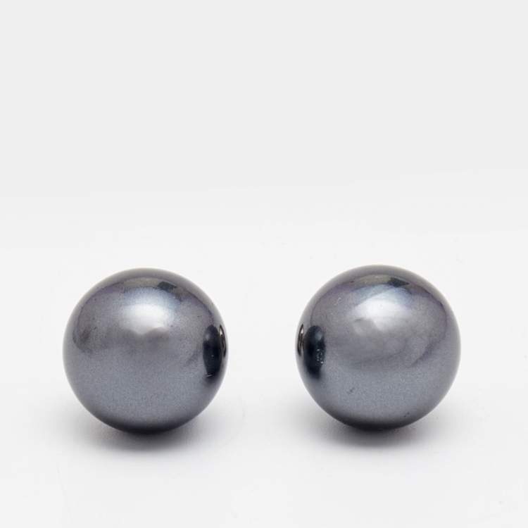 Pre Owned Dior Tribales Grey Faux Pearl Silver Tone Stud Earrings