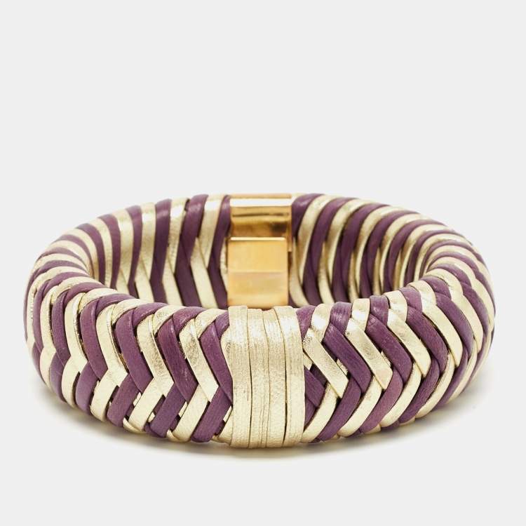 Pre Owned Dior Bicolor Leather Gold Tone Wide Bracelet