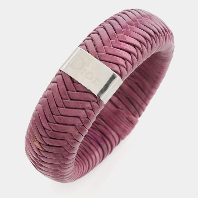 Pre Owned Dior Leather Silver Tone Wide Bracelet