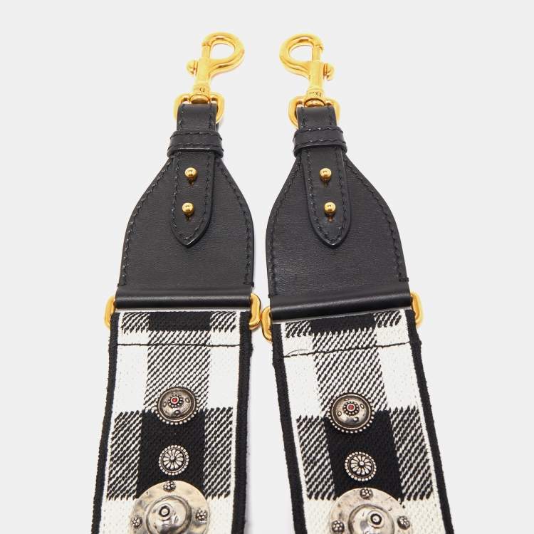 Pre Owned Dior Black/White Checkered Canvas and Leather Studded Shoulder Bag Strap
