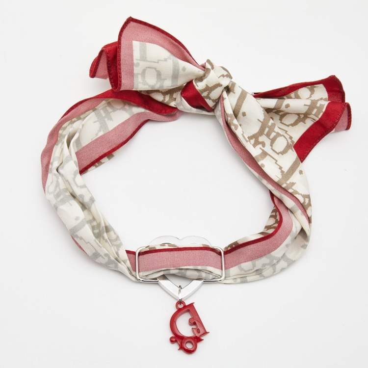 Pre Owned Christian Dior Cream Logo Monogram Printed Silk Logo Charm Neck Scarf 