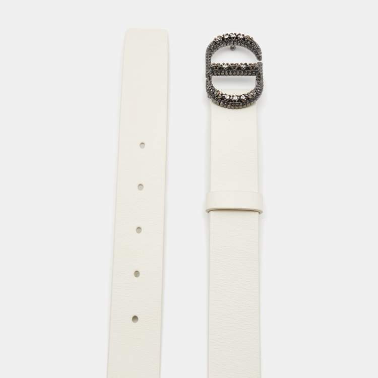 Pre Owned Dior White Leather 30 Montaigne Crystals Belt 90CM