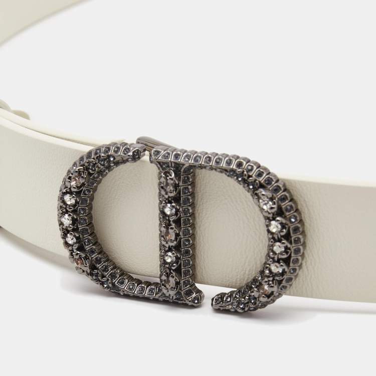 Pre Owned Dior White Leather 30 Montaigne Crystals Belt 90CM