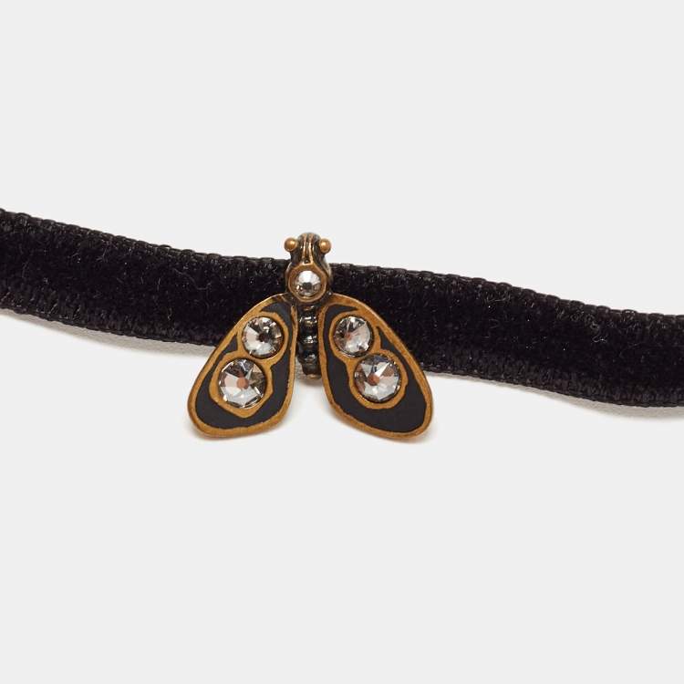 Pre Owned Dior Bee Crystal Enamel Gold Tone Fabric Choker Necklace