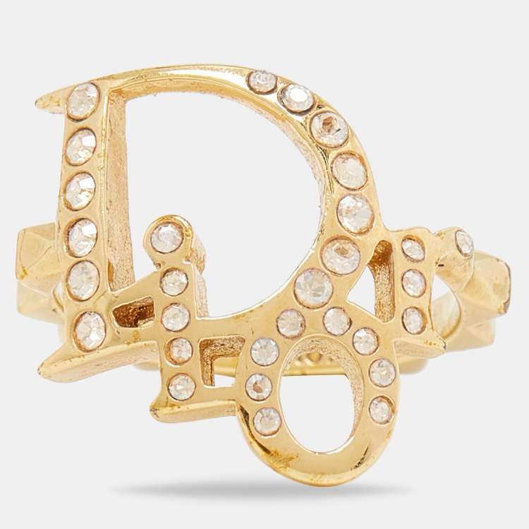 Pre Owned Dior Gold Tone Crystal Studded Oblique Ring Size 50
