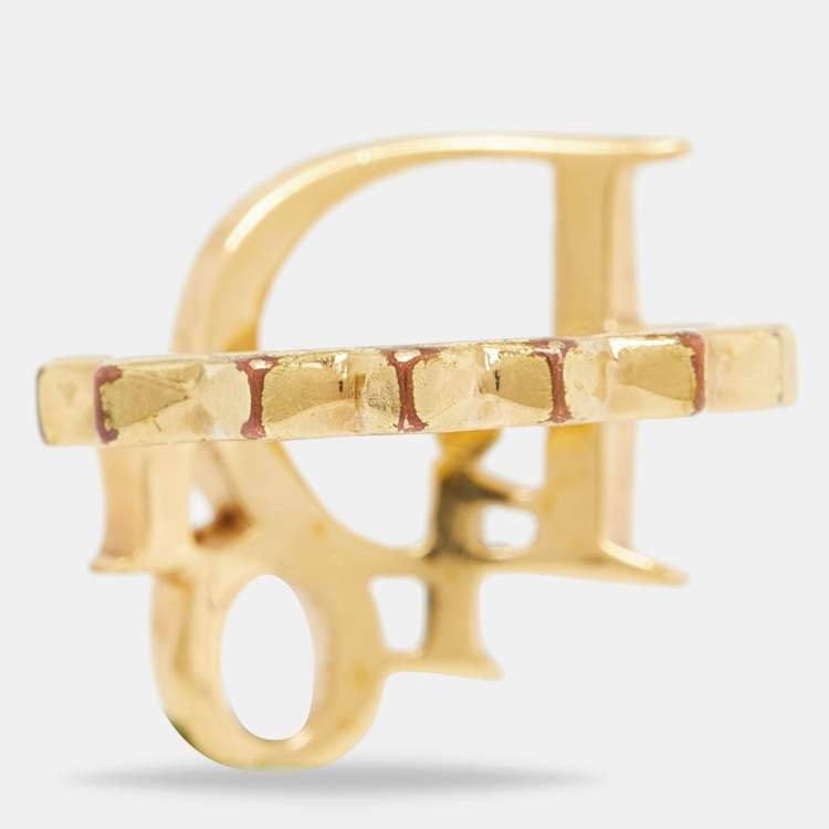 Pre Owned Dior Gold Tone Crystal Studded Oblique Ring Size 50