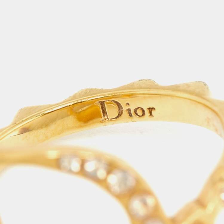 Pre Owned Dior Gold Tone Crystal Studded Oblique Ring Size 50