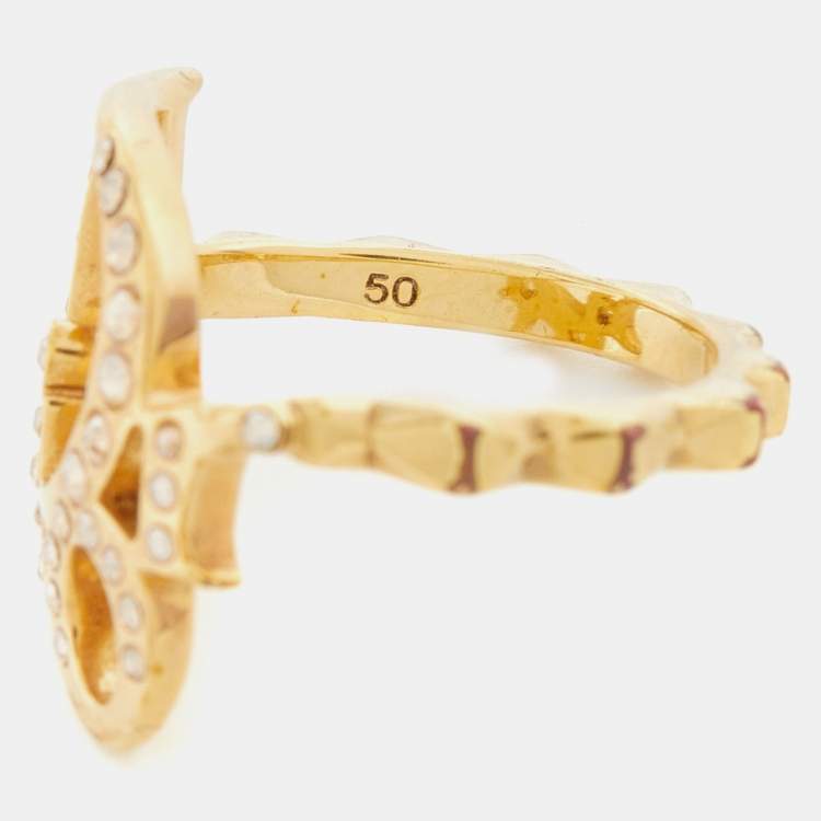 Pre Owned Dior Gold Tone Crystal Studded Oblique Ring Size 50