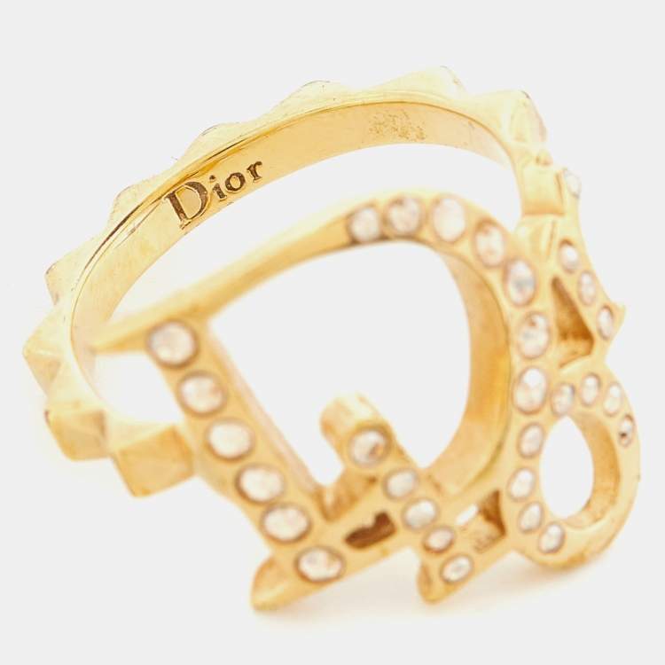 Pre Owned Dior Gold Tone Crystal Studded Oblique Ring Size 50