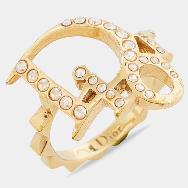 Pre Owned Dior Gold Tone Crystal Studded Oblique Ring Size 50