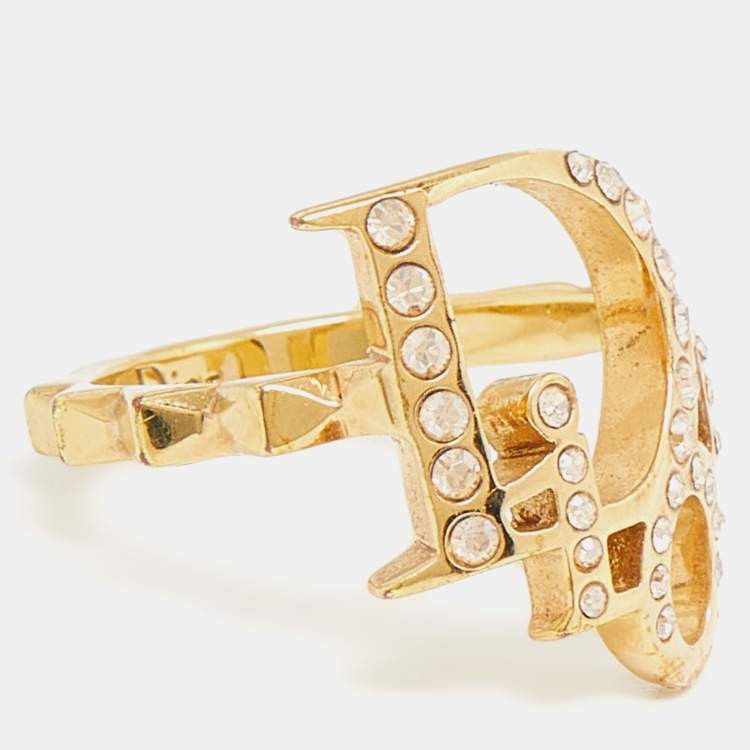 Pre Owned Dior Gold Tone Crystal Studded Oblique Ring Size 50