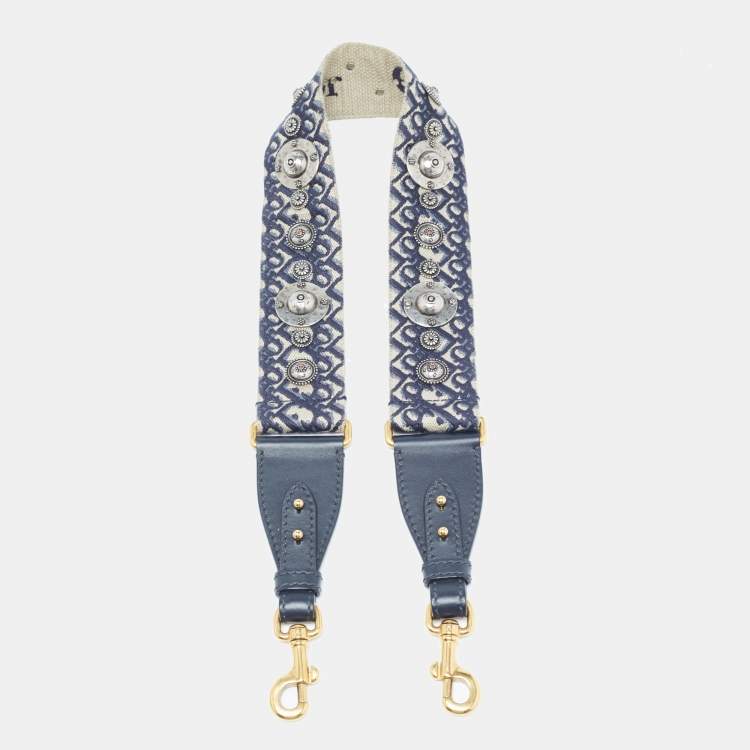 Pre Owned Dior Navy Blue Canvas and Leather Studded Saddle Shoulder Bag Strap