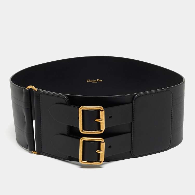 Pre Owned Dior Black Leather Wide Double Buckle Waist Belt 90 CM