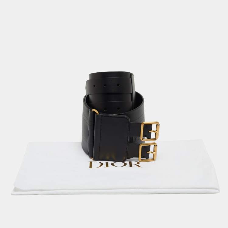 Pre Owned Dior Black Leather Wide Double Buckle Waist Belt 90 CM