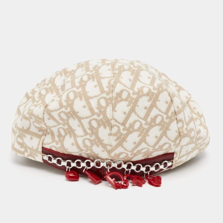 Pre Owned Dior Vintage Beige Diorissimo Cotton Charms Embellished Paper Boy Beret Hat