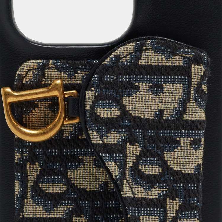 Pre Owned Dior Navy Blue/Beige Oblique Jacquard and Leather Saddle iPhone 14 Pro Case