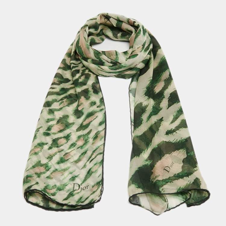 Pre Owned Dior Green Leopard Print Silk Scarf