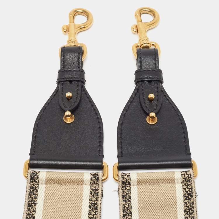 Pre Owned Dior Black/Off White Embroidered Canvas and Leather Shoulder Bag Strap
