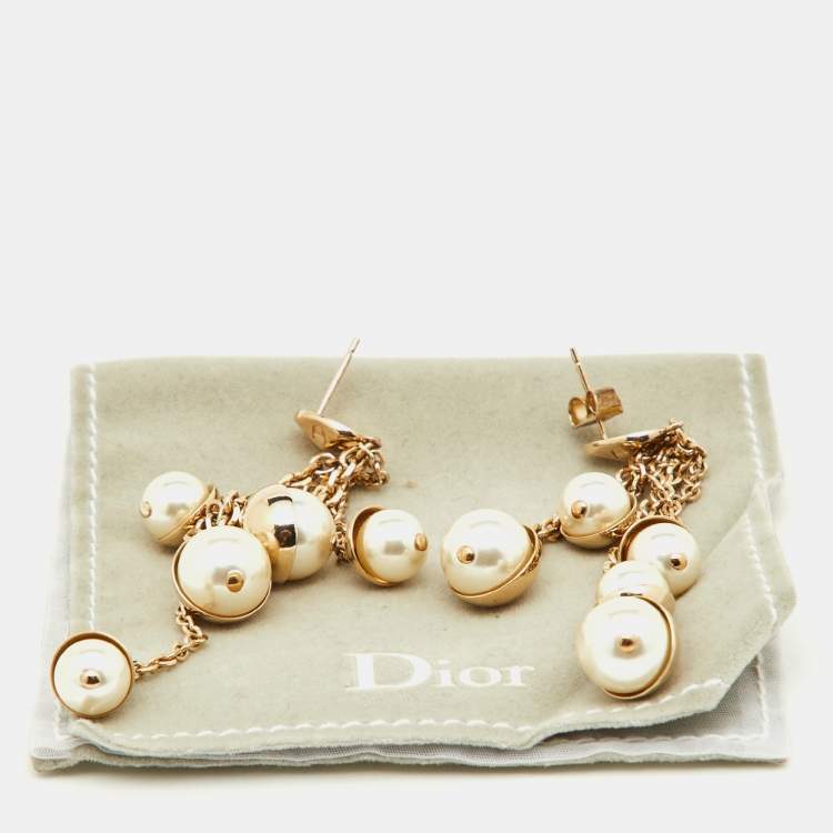 Pre Owned Dior Faux Pearl & Gold Tone Multi Chain Drop Earrings