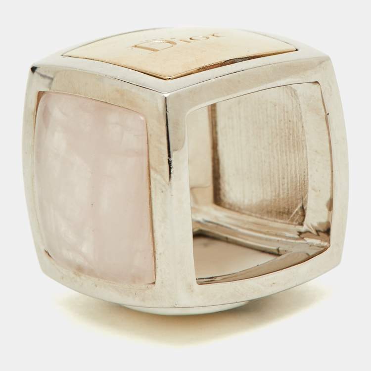 Pre Owned Dior Vintage Silver Tone  Quatz & Enamel Square Ring Size 52